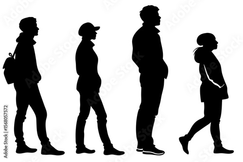 Black and white vector silhouette illustration of six people standing together in various poses, ideal for presentations, posters, and social-themed designs.