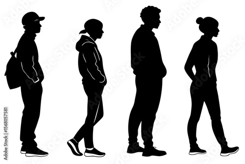 Black and white vector silhouette illustration of six people standing together in various poses, ideal for presentations, posters, and social-themed designs.