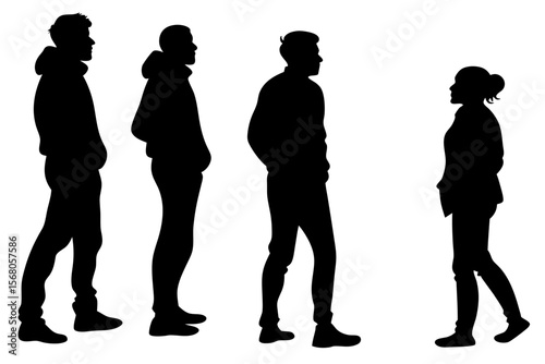 Black and white vector silhouette illustration of six people standing together in various poses, ideal for presentations, posters, and social-themed designs.
