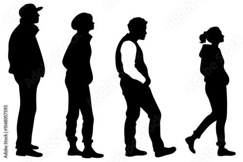 Black and white vector silhouette illustration of six people standing together in various poses, ideal for presentations, posters, and social-themed designs.