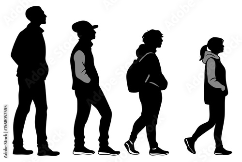 Black and white vector silhouette illustration of six people standing together in various poses, ideal for presentations, posters, and social-themed designs.
