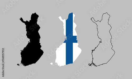 Finland map in outline style, black color, color of country flag version.