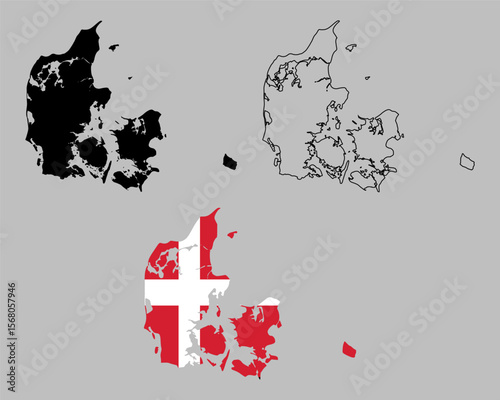 Denmark map in outline style, black color, color of country flag version.