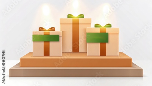 Three wrapped gifts on tiered display podium with spotlight illumination presents boxes