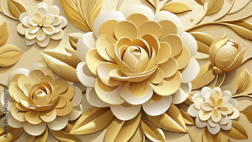 Luxurious 3d gold and cream floral arrangement with intricate layered petals and leaves