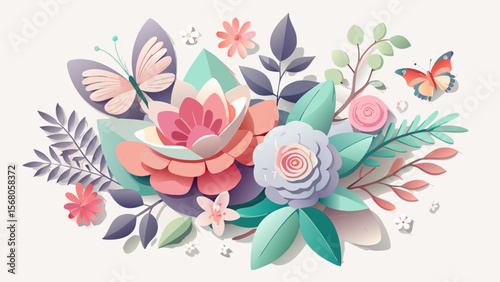 Delicate paper cut butterflies and flowers arrangement in soft pastel colors with lush green leaves