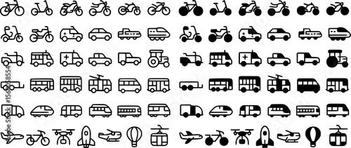 Transport and vehicle icon set in simple black line style
