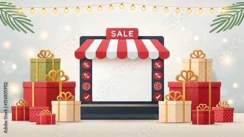 Festive sale display with abundant gift boxes and decorative lights shopping gifts