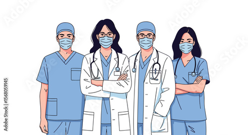 Healthcare Professionals In Scrubs And Lab Coats Standing Together Wearing Face Masks