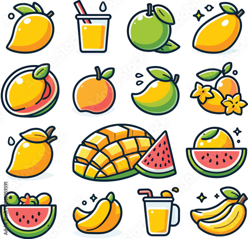 set of fruits and juice mango