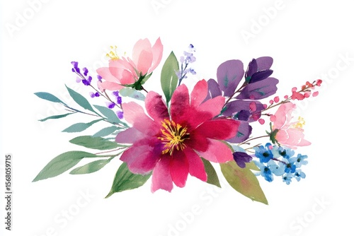 Colorful floral arrangement featuring various blossoms and greenery on a plain background for design or decoration purposes