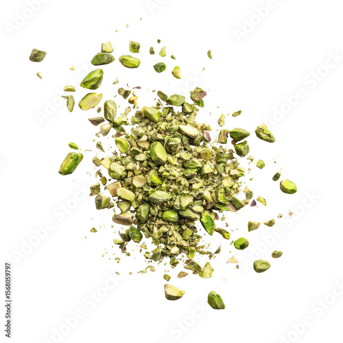 pistachio piece crushed, Crushed pistachio piece scattered on a surface, isolated on transparent background