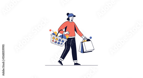 Happy Woman Carrying Shopping Basket and Bags After Purchasing Groceries and Goods
