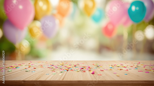 Wooden table with blurred children’s birthday party background and colorful balloons