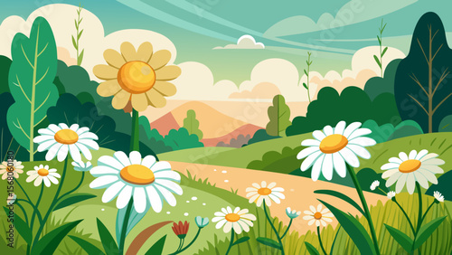 Vibrant daisy field under a cloudy sky with rolling hills and lush greenery in a flat design style