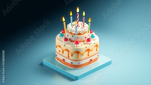 Three-dimensional birthday cake illustration with festive decorations, presented in an isometric perspective.