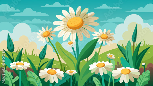 Vibrant field of daisies blooming under a bright blue sky with fluffy white clouds and green rolling hills