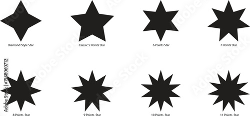 Vector Set of Star Shapes – 5 to 11 Pointed Stars and Diamond Style