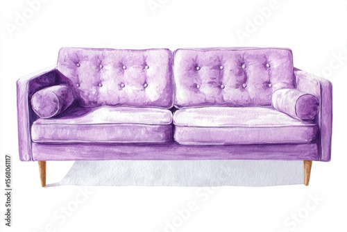 Elegant purple velvet sofa placed against a clean white background, showcasing modern furniture design and style