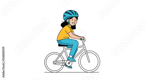 Young person enjoying a bicycle ride wearing a protective helmet and comfortable clothing on a bright sunny day outdoors
