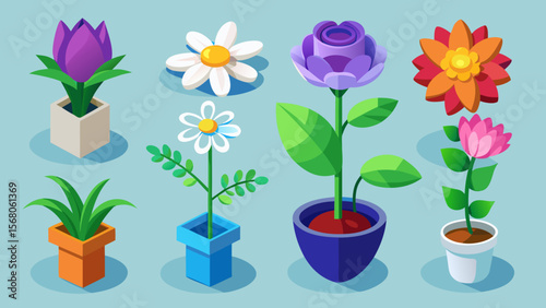 Collection of colorful potted flowers and plants in isometric style