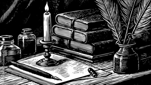writing desk with stacked letters and candle, ideal for retro office branding or novel-based projects vector a black and white line art illustration