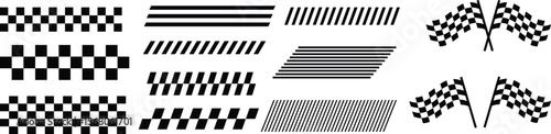Racing Stripes & Checkered Flag Vector Set. Black & White Racing Banner Vectors – Speed Lines, Flags & Track Icons. Race Track & Flag Vector Set