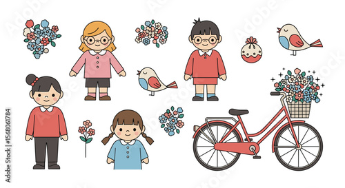 Charming Retro Pixel Art Kids Birds Flowers Bicycle Illustration Elements Collection
