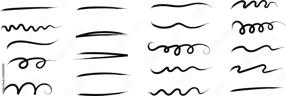 Underline Vector Set – Hand-Drawn Brush Strokes & Vintage Dividers. Calligraphic Underline & Border Vector. Black Brushstroke Underlines and Swirl Dividers