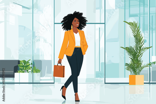  African businesswoman walking through a corporate office with briefcase, glass background and modern decor vector illustration