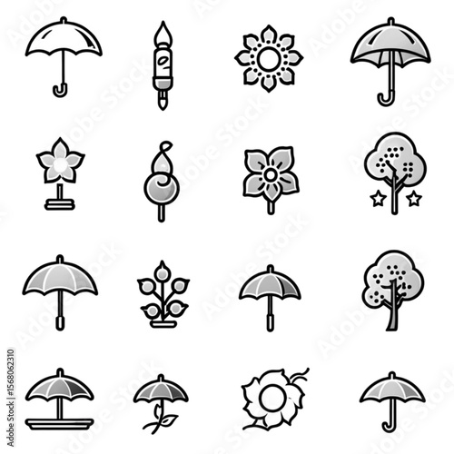 傘と花のモノクロアイコンセット｜Umbrella and Flower Monochrome Icon Set
