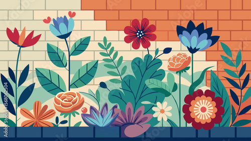 Vibrant flat design flowers bloom against a textured brick wall background