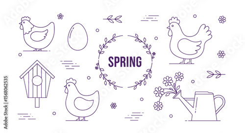 Charming Spring Icons Featuring Chickens Eggs Birdhouse and Floral Designs for Festive Celebrations