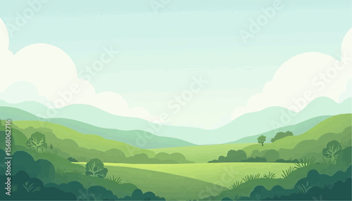 Serene Green Landscape with Rolling Hills and Bright Sky in Calm Nature Scene
