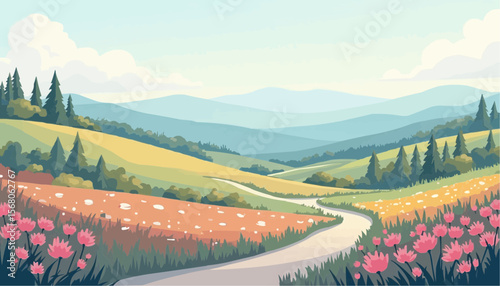 Colorful Landscape Illustration of Rolling Hills with Pink Flowers and Pathway in Bright Daylight