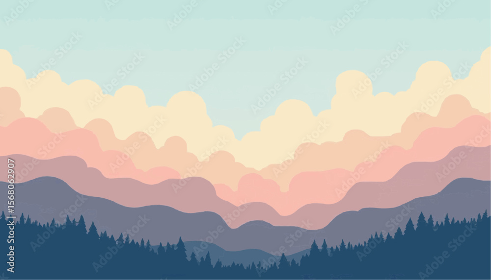Fototapeta premium abstract pastel mountain landscape with layered hills and cloudy sky