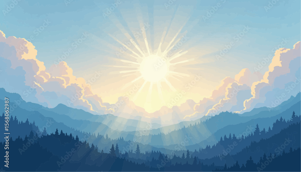 Fototapeta premium Sunrise Over Mountain Forest Scene with Bright Sun Rays and Cloudy Sky