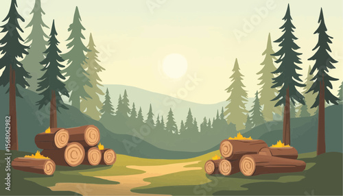 Illustration of Forest with Piled Logs and Tall Pine Trees in Morning Sunlight