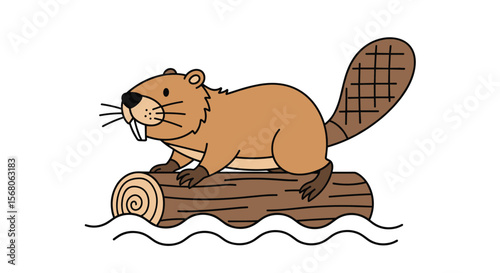 Adorable Beaver Sitting Proudly on a Floating Log Amidst Gentle Waves