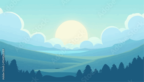 Serene Sunrise Landscape with Rolling Hills and Forest Silhouettes in Soft Blue and Green Tones