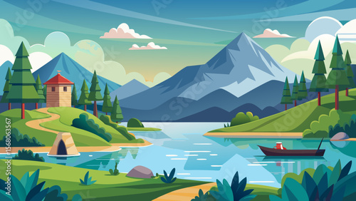 Serene mountain lake landscape with cabin and rowboat