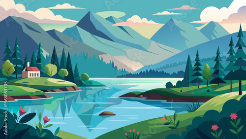Serene mountain lake landscape with a small cabin and vibrant green hills