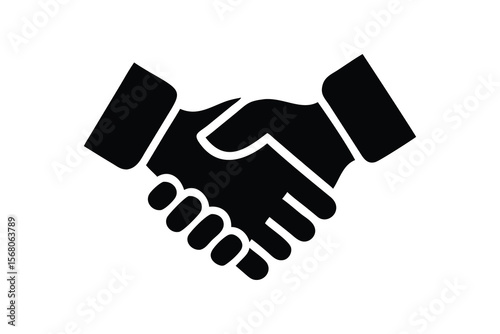 A simple black silhouette icon depicting two hands clasped together in a firm handshake symbolizing agreement partnership trust and successful business collaboration