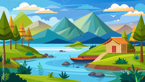 Serene mountain lake with a cozy cabin and boat in a picturesque landscape