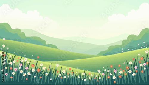 Colorful Floral Landscape with Green Hills and Bright Sky for Nature and Outdoor Themes