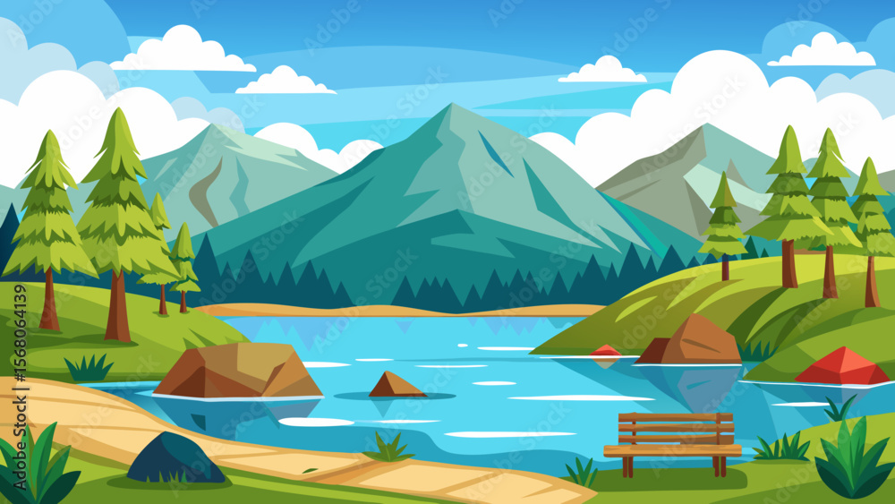 Serene mountain lake landscape with pine trees and a wooden bench Serene mountain lake landscape with pine trees and a wooden bench