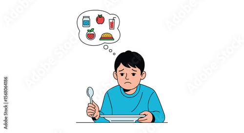 A young boy sits at a table with a bowl and spoon looking sad thinking about food