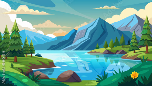 Vibrant cartoon landscape with blue mountains reflecting in a clear lake