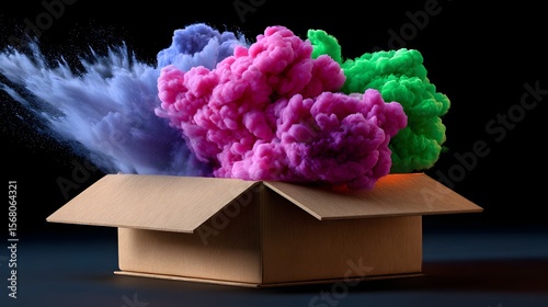 Colorful smoke explosion emerging from an open cardboard box