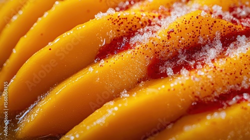 Mango chamoyada macro photography revealing sugar crystal coating on frozen mango chunks with tajin chili powder, glistening ice formations, and natural fruit fiber textures